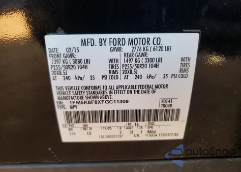2015 Ford Explorer Limited from USA, damaged, VIN 1FM5K8F8XFGC11309